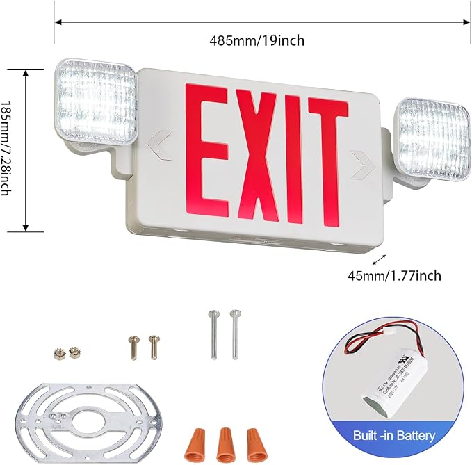 Red LED Exit Sign with Emergency Lights, Battery Backup, UL Listed | 2 Adjustable Heads, Commercial Emergency Exit Sign Combo with Thermoplastic Housing, Hardwired 120V/277V AC, 90-Minute Backup