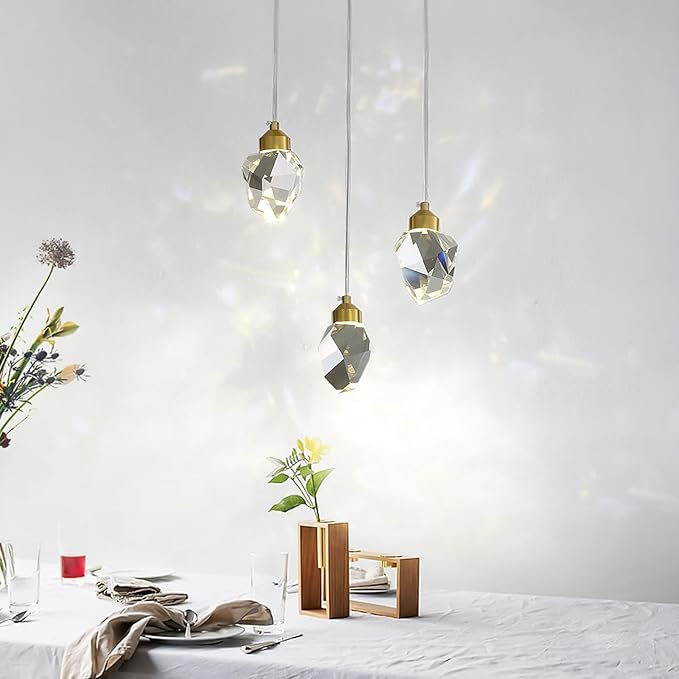 Modern Crystal Pendant Light, 3-Color LED Crystal Pendant Lamp, Adjustable Height Gold Ceiling Hanging Lamp, for Kitchen Island Dining Room Living Room Decor Lighting (3-Head Round Base)
