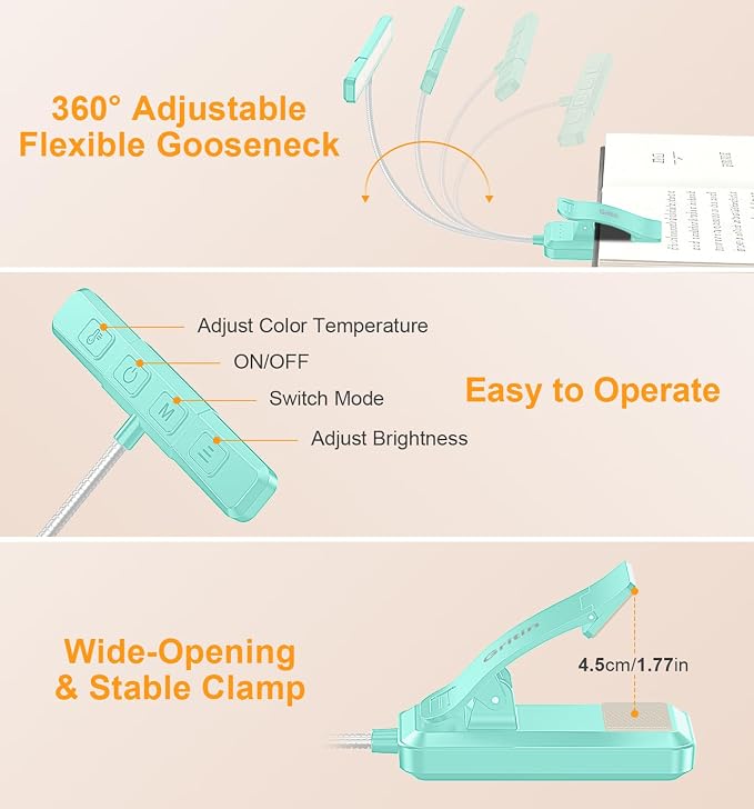 Gritin 2026 Gen 2 Book Light for Reading- 32 Eye Caring Full Spectrum LED | 5 Colors & 5 Brightness, Adjustable Wide/Narrow Beam, Upgrade 1500mAh Long-Lasting Rechargeable Clip on Light-Blue