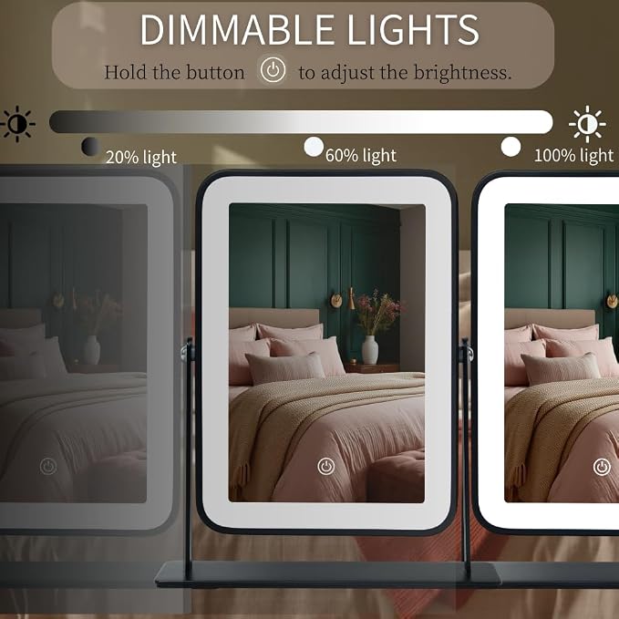 11"x9" Rechargeable Desktop Makeup Mirror with LED Lights, Adjustable Brightness Lighted Vanity Mirror, Tabletop Mirror for Bedroom, Gifts for Women with 3-Color Smart Touch Dimmable Lighting