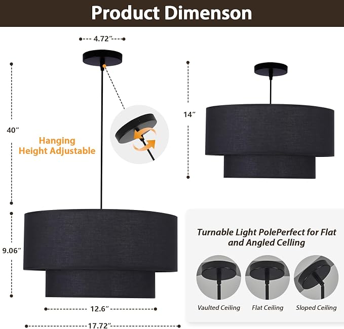 Black Drum Pendant Light Fixtures, 18” Double Drum Chandelier with Fabric Lampshade E26 Base, 3 Light Dining Room Light Fixture, 2-Tier Chandelier for Bedroom and Kitchen(Bulb not Included)