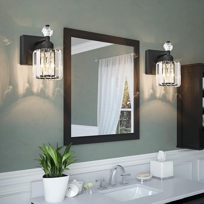 PRESDE 1-Light Bathroom Vanity Light, Modern Matte Black Wall Sconce with Crystal Shade, Single Wall Lamp for Over Mirror Bedroom Hallway