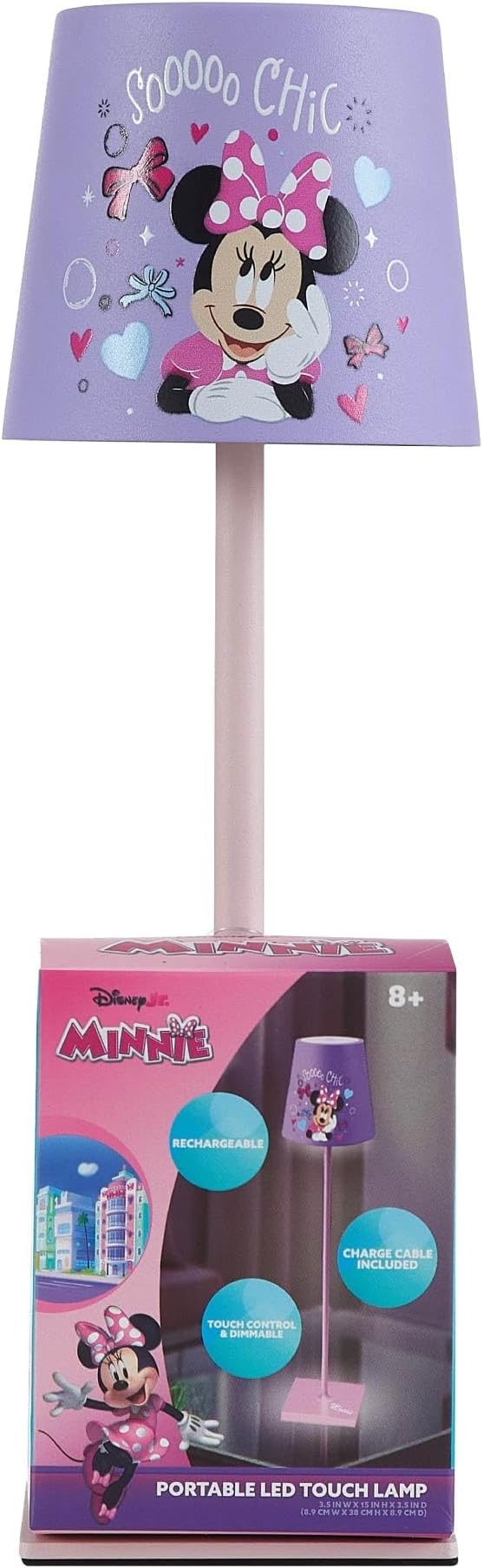Disney Minnie Mouse Kids Touch Night Light Lamp, Rechargeable Battery Operated Bedroom Table Lamp with Touch On/Off, Portable LED Desk Light with Charging Cord for Nursery & Children’s Room