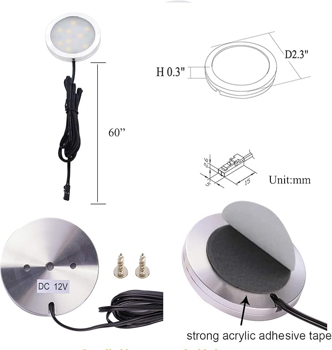 AIBOO 12V LED Under Cabinet Lights Kit 6 Pack Black Cord Aluminum Puck Lamps for Kitchen Counter Closet Lighting with Manual on/Off Switch 12W 6 Lights (6000K Daylight White)
