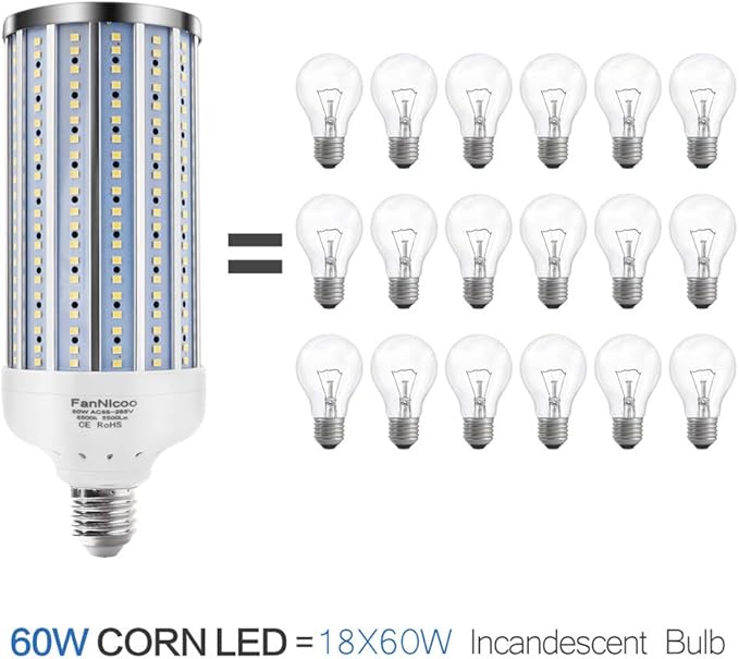 FanNicoo 2 Pack 500W Equivalent LED Corn Light Bulb 5500 Lumen 6500K 60W Large Area Cool Daylight White E26/E27 Medium Base for Outdoor Indoor Garage Warehouse Factory Workshop Street Backyard