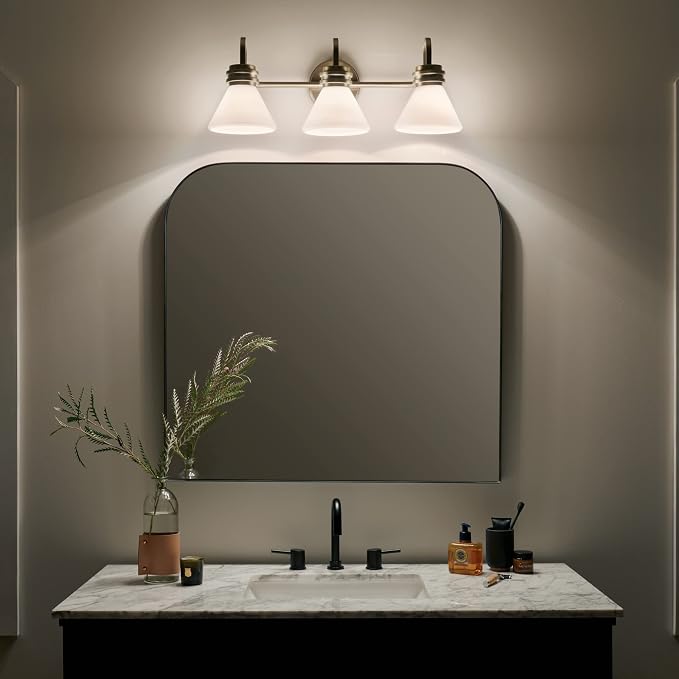 Kichler Farum 3-Light Bathroom Vanity Light, Champagne Bronze | Modern vanity light with opal glass for bathroom mirrors (26" x 9.5"), 55155CPZ