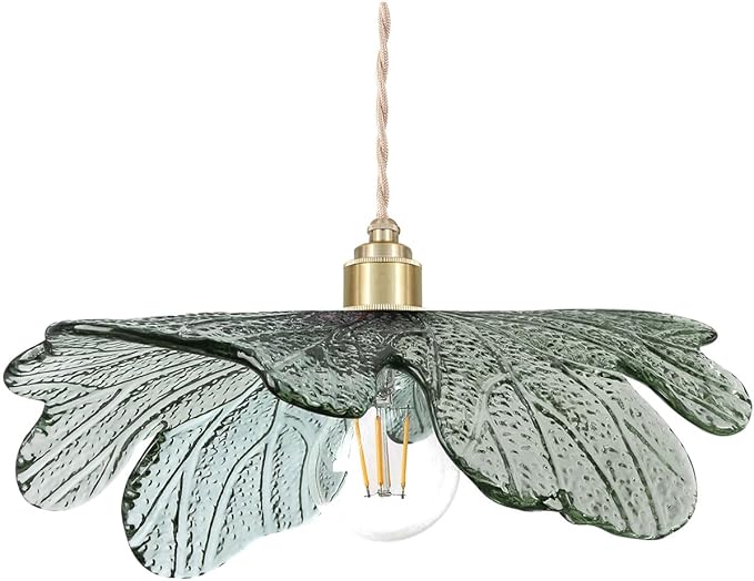15.74" Large Glass Pendant Lights Dark Green Leaf Shade for Kitchen | Vintage Hanging Light Hand Blown Unique Flush Mount chandelier, Gold Brass E26, 59" Adjustable, Dimmable for Dining Room