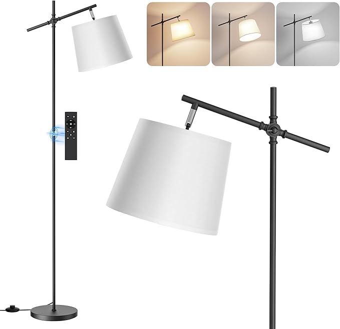 Floor Lamp with Linen Shade, Dimmable Tall Standing Lamp with Remote Control & 3 Color Temperatures Bulb, Modern Swing Arm Floor Lamps for Living Room Bedroom Office Corner