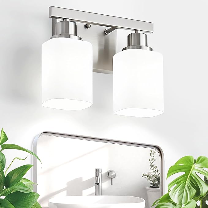 2 Light Brushed Nickel Vanity Light,Brushed Nickel Vanity Lights for Bathroom,Bathroom Light Fixtures Over Mirror,Wall Sconces for Living Room,Bedroom,Hallway(E26 Base)