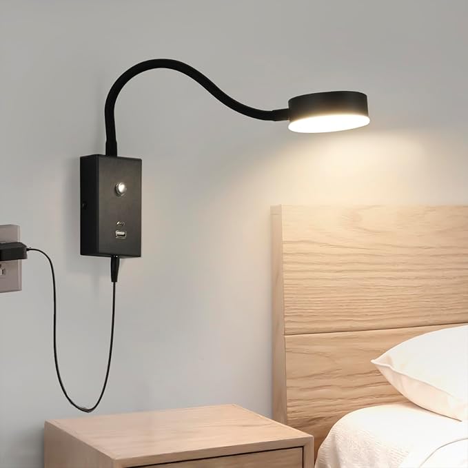 LED Wall Mounted Reading Light for Bed, Flexible Gooseneck Book Light for Wall Bedside Lamp with USB-A/C Output,Touch Control 5 Dimmable Headboard Bed Lights