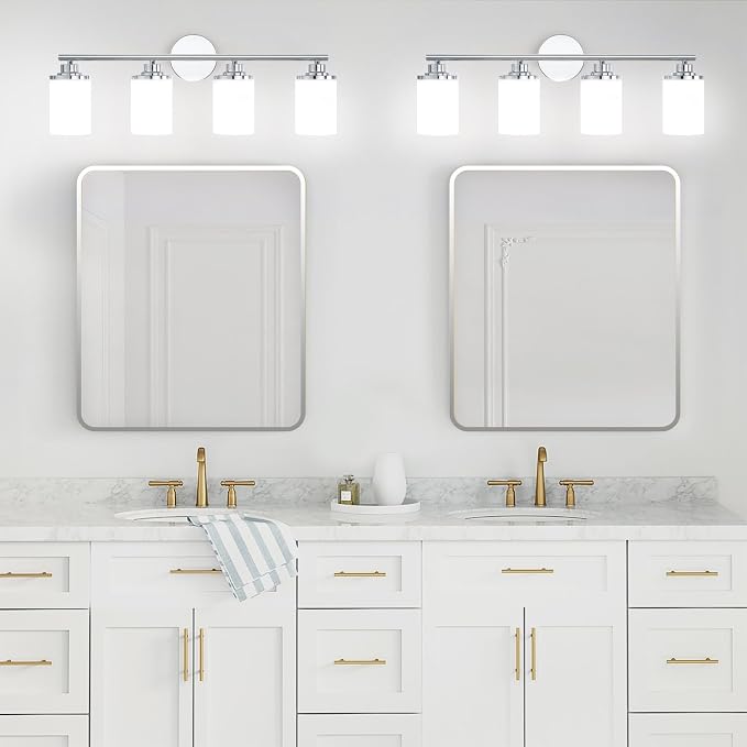 Chrome Mid-Century Modern Bathroom Sconce with Frosted Glass, 4-Light Vanity Lights Over Mirror