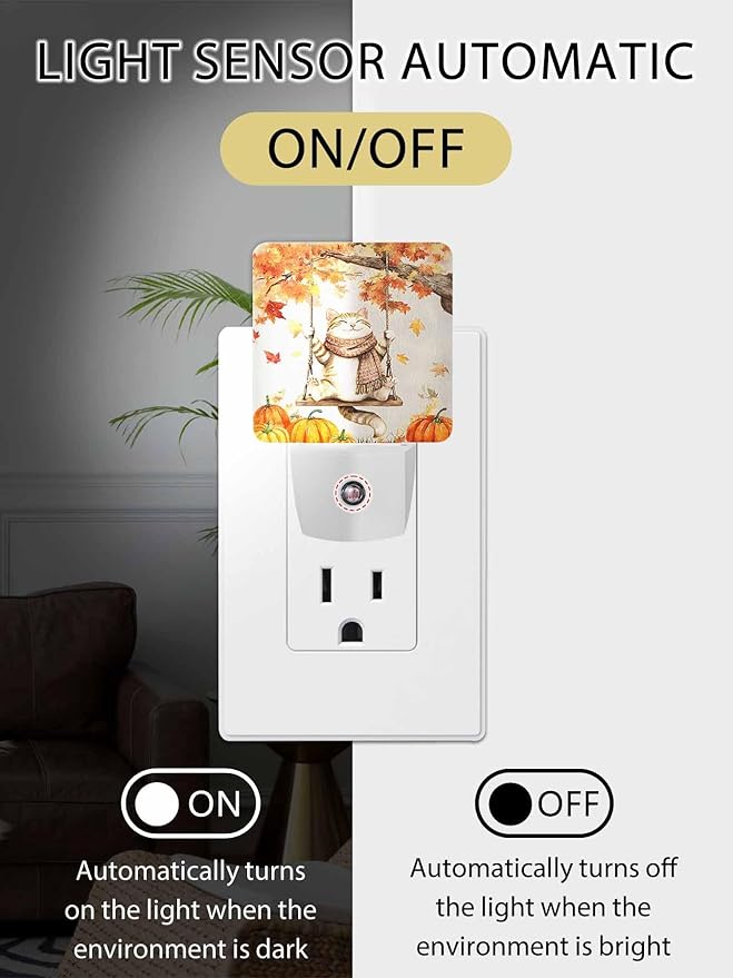 Thanksgiving Night Lights Plug into Wall LED Night Light Fall Pumpkin Cute Cat Maple Leaf Vintage Automatic Dimmable Dusk-to-Dawn Square Shaped Smart Nightlight for Bathroom/Bedroom