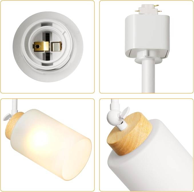 H Type Track Lighting Heads with Glass Lamp Shade, White 4 Pack | E26 Track Light Ceiling Modern for Kitchen, Compatible with H Track Rail System, Wood Style Pendant Light Fixtures - No Bulbs