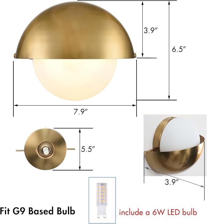 YUBOLE Mid Century Wall Sconce Gold Bathroom Vanity Light Over Mirror | Adjustable Metal Shade and Milky Glass Globe, G9 Based(Bulb Included) Indoor Wall Lamp for Bathroom Bedroom Kitchen Staircase