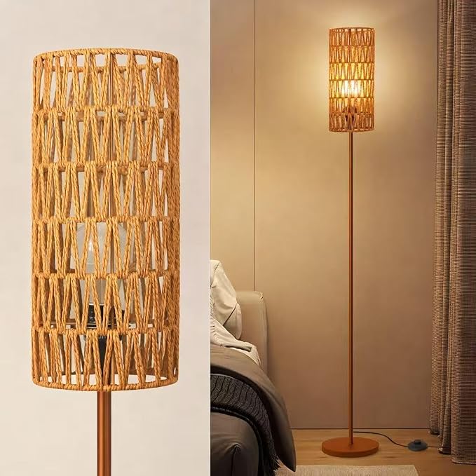 Ruiever Floor Lamp for Living Room,Farmhouse Floor lamp,Modern Standing lamp with Hand-Worked Rattan Shade (Brown Body with 3 Color Bulb)