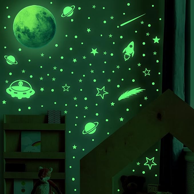 DIY Creativity Starry Sky Astronaut Night Light Stickers Cartoon Rabbit Wall Stickers Star Spaceship Night Light Stickers Room Decoration Wall Stickers (Alien Starry Sky)