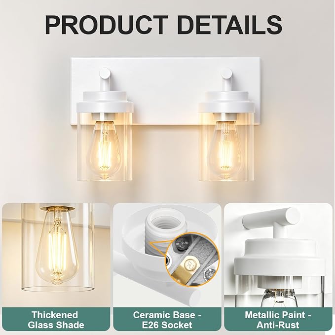 IZORRO Bathroom Vanity Light Fixture, 2-Light 15 Inch White Bathroom Light Fixtures Over Mirror, with Clear Glass Shade, Modern Farmhouse Vanity Lights, Rustic Restroom Lighting Fixtures
