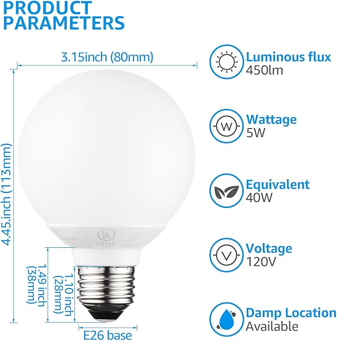 TORCHSTAR 12-Pack G25 LED Light Bulbs, 5W 40W Equivalent, Dimmable 450LM Globe Light Bulbs, 5000K Daylight, E26 Base Decorative Bulb, for Bathroom Vanity or Mirror, UL Listed