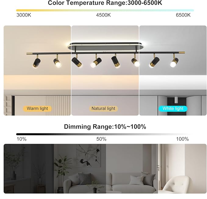 Jaycomey 8-Light LED Track Lighting Fixtures Ceiling, 74W Dimmable Ceiling Spotlights with Remote, 3000K-6500K Adjustable Modern Ceiling Light for Living Room, Dining Room, Bedroom, Black Gold