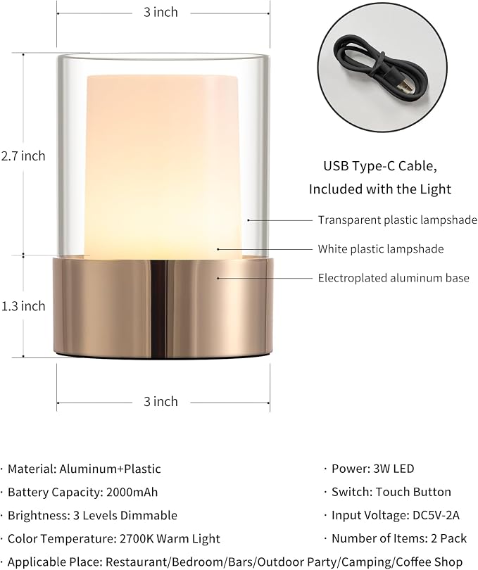 4" Gold Cordless Table Lamp 2 Pack, Outdoor Rechargeable Lamp | LED, Battery Operated, Portable, Touch Night Light for Dining Room, Camping, Bar, Party, Bedside, Bedroom, Home Decor, Gift
