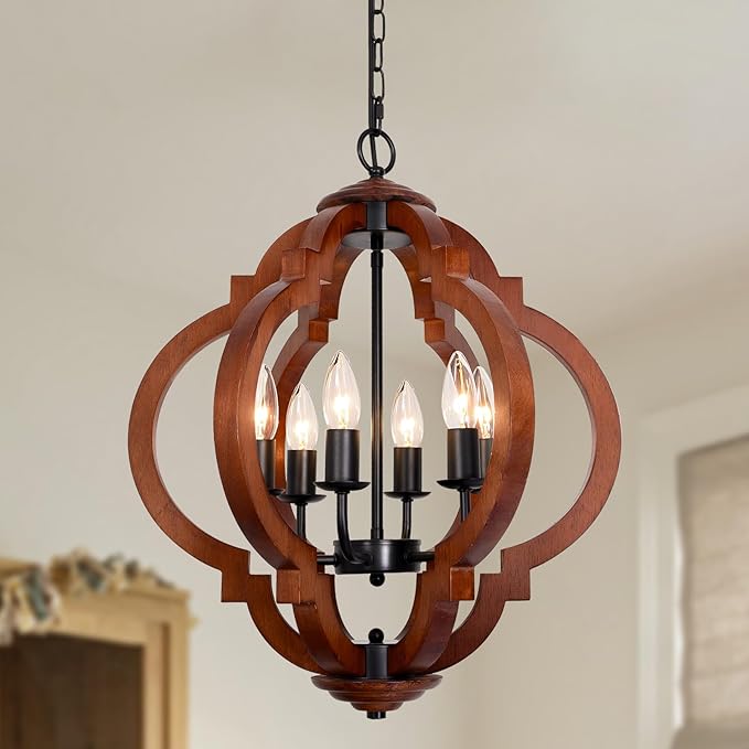 6-Light Farmhouse Chandelier, Red Wood and Black Metal Rustic Light Fixture, Industrial Dining Room Chandelier for Kitchen Island, Entryway, Foyer, Bedroom, Living Room