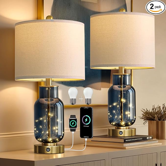 22" Glass Table Lamps Set of 2, Blue Modern Bedside Lamp with LED Night Light for Living Room, Nightstand Lamp with USB Ports for Bedrooms, Study Room, End Table(2 Bulbs Included)