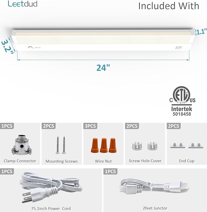 Under Cabinet Lighting Plug in or Hardwired Built-in Dimmer, 24 Inch 12W, 5CCT 2700/3000/3500/4000/5000K, Linkable Counter Lights for Kitchen, ETL Dimmable LED Light Fixture, White