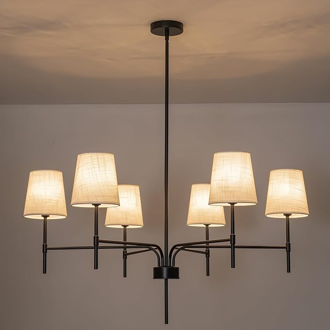 2026 New Black Chandeliers for Dining Room Light Fixture over Table, 34" 6-Light Transitional Modern Farmhouse Chandelier with White Fabric Shade, Pendant Lighting for Kitchen Island Living Room Foyer