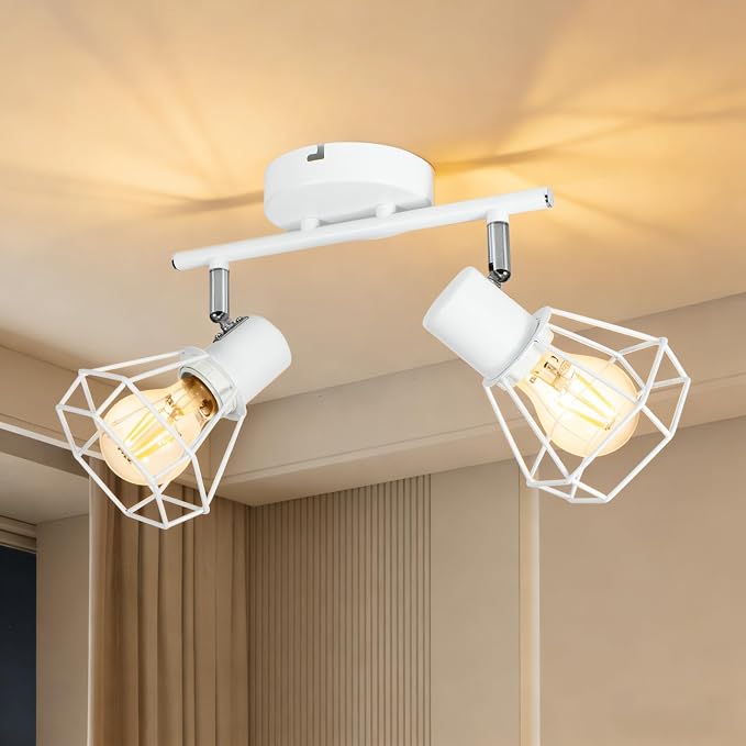 HiBay 2-Light Ceiling Track Lighting Fxiture White, Modern Spotlight, E26 | Rotatable 2 heads with farmhouse metal cage shade for kitchen bedroom bedside wall, bulb not included