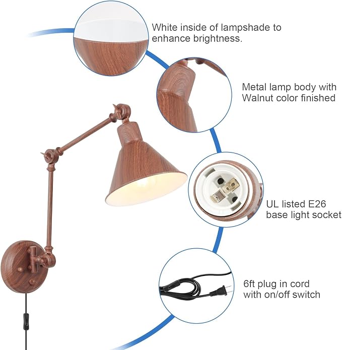 TRLIFE Plug in Wall Sconces, Dimmable Wall Sconces Set of 2 Plug in Swing Arm Wall Lights, Adjustable Wall Mounted Light Wall Lights with 6FT Plug in Cord, E26 Base(Two Arms, Walnut Color)