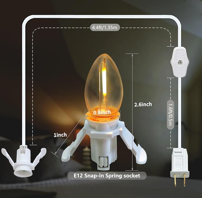 4 Pack Accessory Cord with LED Night Light Bulbs - White Cord with On/Off Switch - C7 led Bulb Warm White with Spare Fuse for Holiday Decoration and Craft Village House Decoration