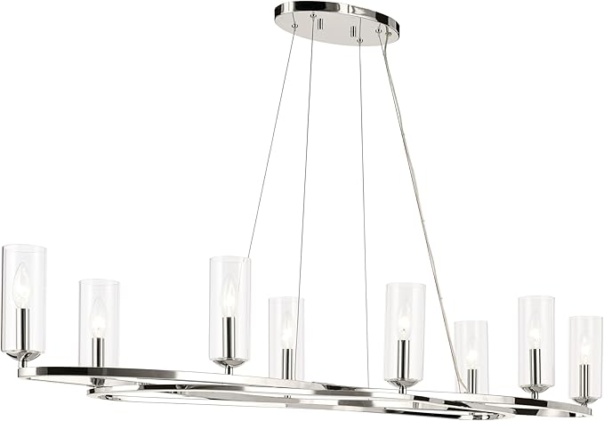 Kichler Harpin 8-Light Linear Chandelier, Sloped Ceiling Compatible, for Dining Room or Kitchen with Clear Glass in Polished Nickel