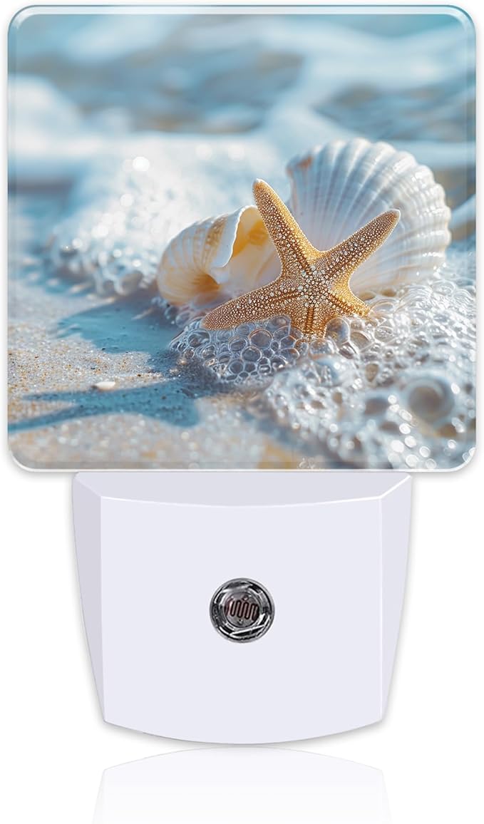 Starfish Seashell on Beach Night Light Plug into Wall, Summmer Ocean Beach Dusk to Dawn Night Light,0.5w Energy Saving Sleep Friendly Nightlights for Kids Boys Girls Home Decor