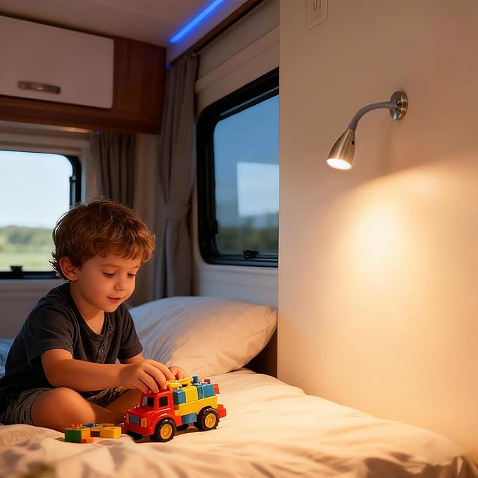 2-Pack 12V/24V RV Flexible Gooseneck Reading Light Warm White & Red Night Mode Wall Mounted Bedside Under-Cabinet On Motorhome, Camper Van, Truck, Brushed Nickel