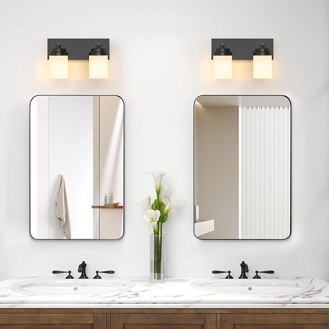 IZORRO Bathroom Vanity Light Fixture, 2-Light 15 Inch Matte Black Bathroom Light Fixtures Over Mirror, with White Glass Shade, Modern Farmhouse Vanity Lights, Rustic Restroom Lighting Fixtures