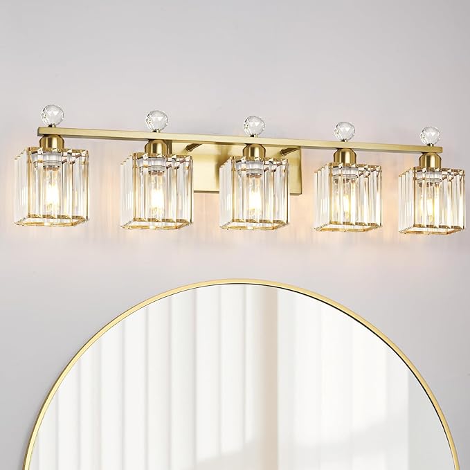 Bathroom Vanity Lights Over Mirror - Easy Installation with Clear Guide, 5-Light Shadow-Free Design, Gold Crystal Finish - for Modern Home Bathroom Lighting Fixtures in DIY Projects