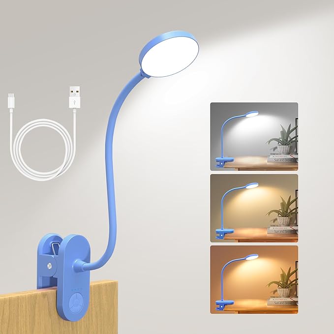 Cordless Clip on Reading Light, Rechargeable LED Book Lamp for Kids, Flexible and Dimmable Clamp Light with 3 Color Modes & 10 Brightness for Students Dorm Room Desk Bunk Bed Headboard (Blue/3.5'') | 10 Brightness Levels, Clamp Lamp with USB-C, 15.8'' ...