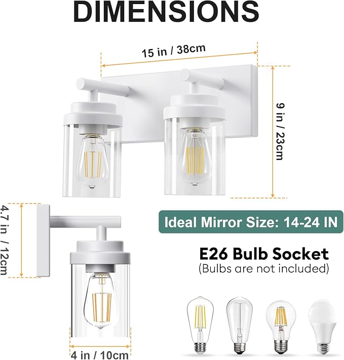 IZORRO Bathroom Vanity Light Fixture, 2-Light 15 Inch White Bathroom Light Fixtures Over Mirror, with Clear Glass Shade, Modern Farmhouse Vanity Lights, Rustic Restroom Lighting Fixtures