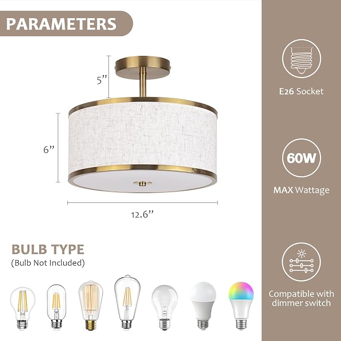 CALOKES 12.6 Inch Semi Flush Mount Ceiling Light, 3-Light Drum Lamp with Gold Brass Finish and Beige Shade, Ideal for Bedroom, Kitchen, Dining Room, Hallway, Entryway, and Foyer,