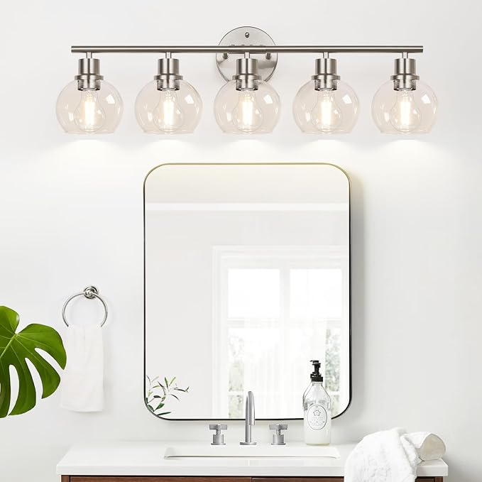 Indoi 5-Light Bathroom Light Fixtures, Brushed Nickel Vanity Light with Clear Glass Globe Shades, Modern Bathroom Wall Sconce Lighting for Mirror, Kitchen, Hallway, Bedroom