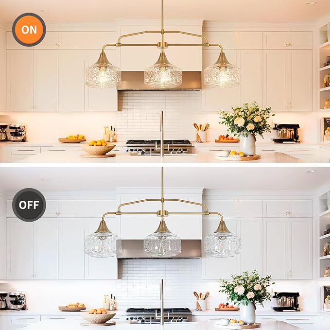Farmhouse 3-Light Adjustable Kitchen Island Lighting with Clear Glass Shades, Brass Gold Finish Pendant Lights for Dining Room Table, Industrial Island Lights Chandelier for Modern Home Decor