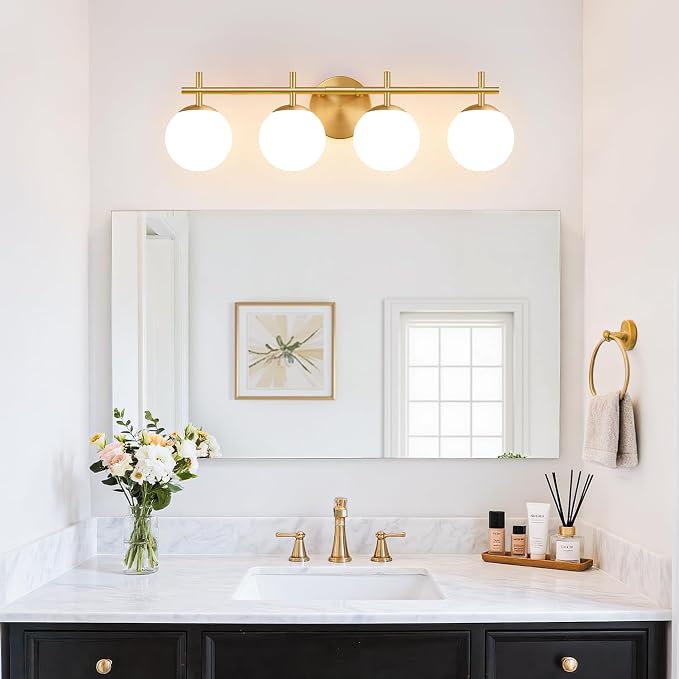 MOKATNG 4-Light Bathroom Light Fixtures, Brushed Gold Vanity Lights for Bathroom with Milky White Glass Shade, Bathroom Lighting Fixtures Over Mirror, Wall Sconce for Bedroom (Bulb Not Included)