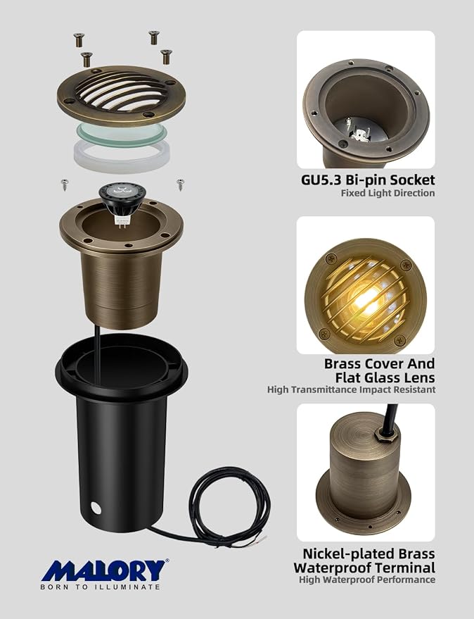 MALORY Brass Landscape Well Lights,(φ99 mm) 12V Low Voltage Outdoor In Ground Lights, Landscape Lighting with 7W 540LM MR16 for Pathway, Driveway (Full Brass -01B, 10-Pack with Bulb)