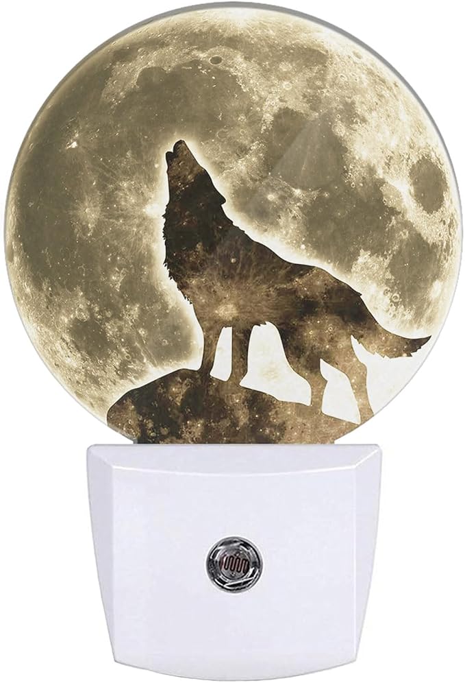 EKOBLA Black Wolf Night Light, Wolf on Cliff Under Full Moon Night Lights Plug Into Wall with Auto Sensor for Bedroom and Staircase