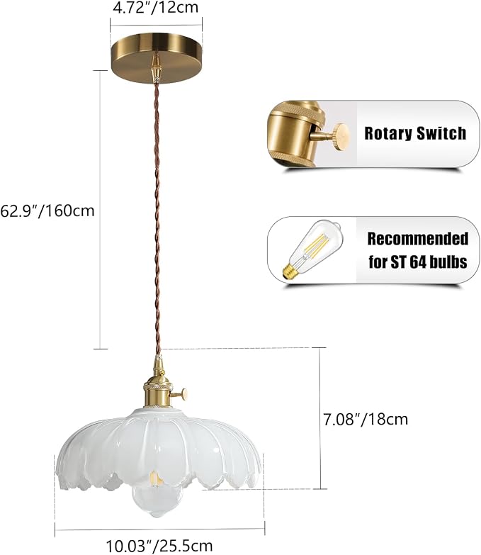 XZHGCEE Vintage Pendant Light Fixtures: Milk Glass Pendant Lights Kitchen Island, White Milk Glass Pendant Light Fixture for Bedroom Dining Room