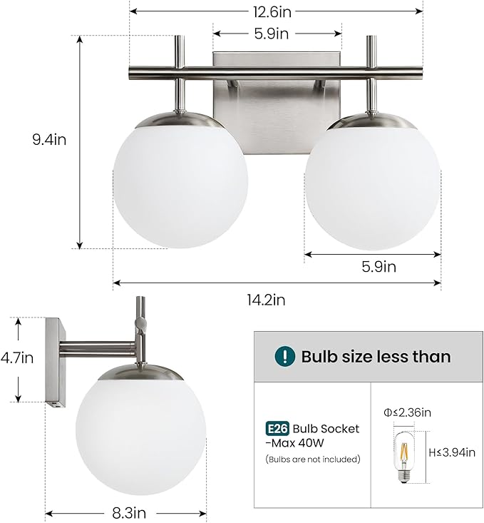 Brushed Nickel Vanity Light for Bathroom, 2-Lights Modern Vanity Lighting with Milky White Frosted Glass Shade, Bathroom Light Fixture Mid Century Wall Sconce (Exclude E26 Bulb)
