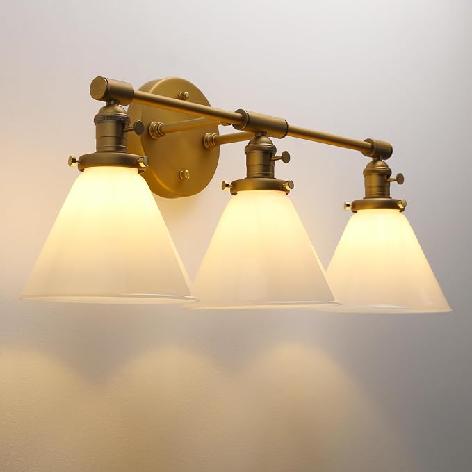 Vintage Industrial 3-Light Bathroom Vanity Light with Milk Glass lampshade – Antique Brass Wall Sconce for Over Mirror, E26 Socket, Dimmable Compatible, Hardwired Installation