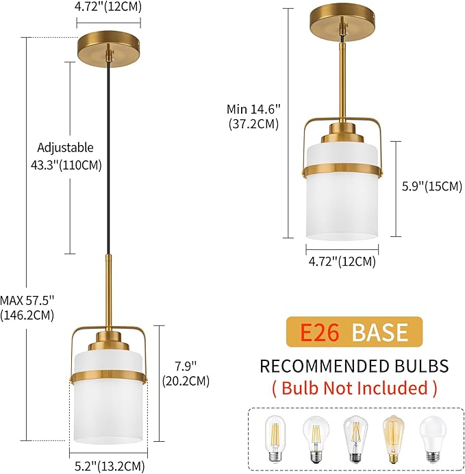 Modern Brass Pendant Lights Kitchen Island Light, Adjustable Hanging Light Fixture with Milk Glass Shade, Farmhouse Pendant Light for Dining Room Bar Over Sink/Table/Counter, 1 Pack