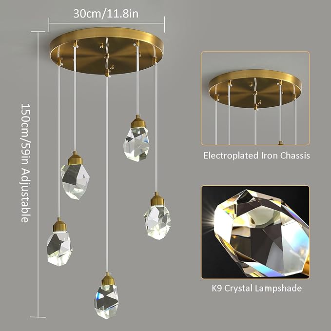 Modern Crystal Pendant Light, 3-Color LED Gold Ceiling Hanging Lamp, for Kitchen Island Bedroom Living Room Dining Room Lighting (5-Head Round Base)