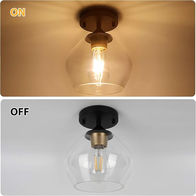 Modern Semi Flush Mount Ceiling Light with Clear Glass Shade, Black | Quick & Easy Installation, Premium Quality, Gold Accent, Perfect for Hallway Kitchen Entryway Laundry